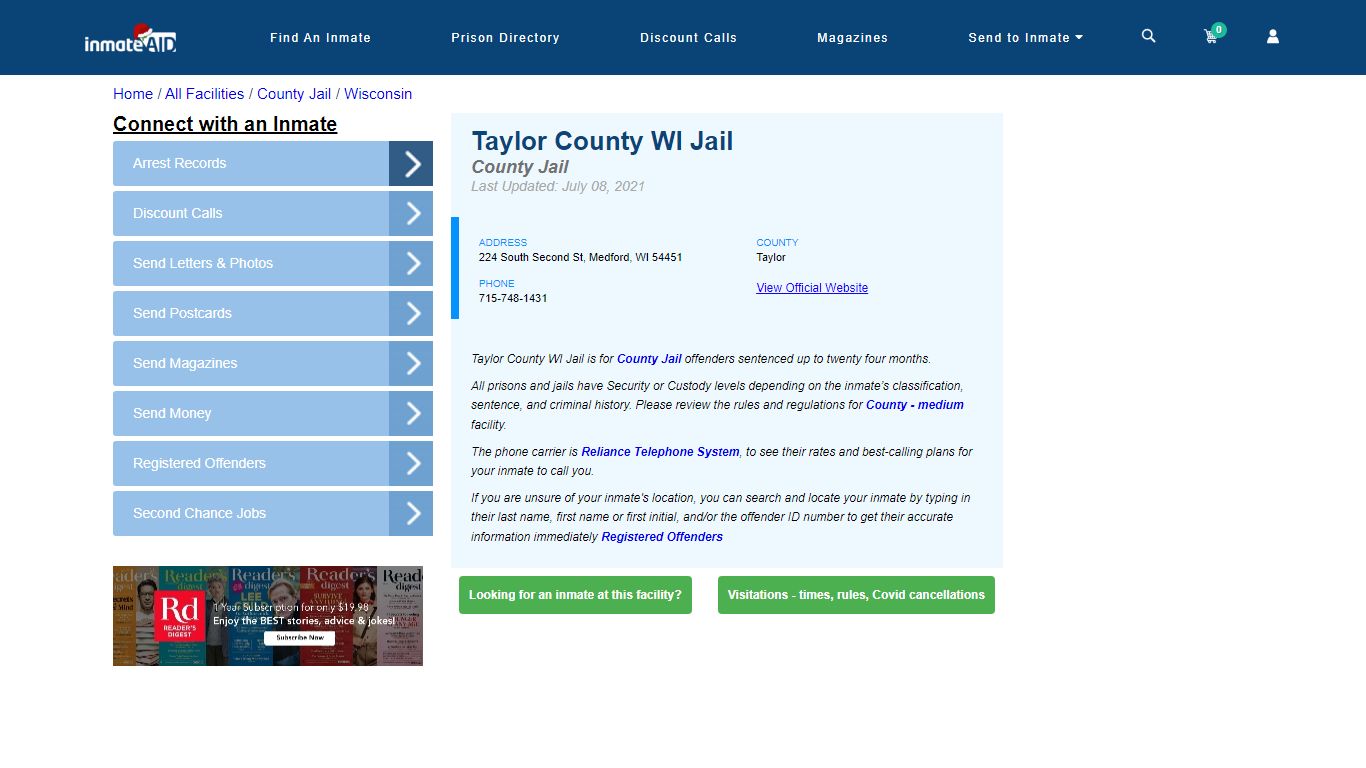 Taylor County WI Jail - Inmate Locator - Medford, WI