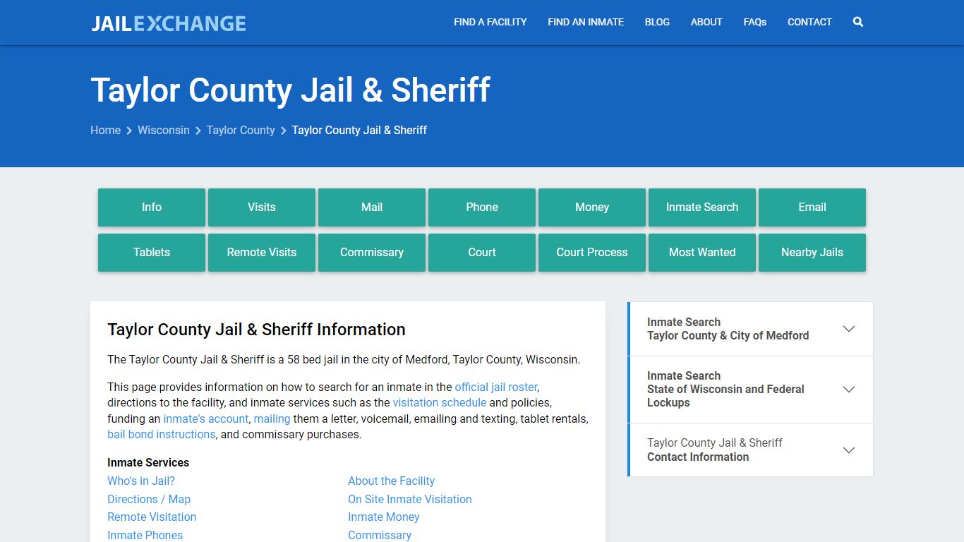 Taylor County Jail & Sheriff, WI Inmate Search, Information